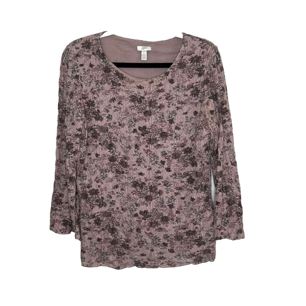 J Jill Top Women's Large Pink Floral Long Sleeve Pullover Stretch Lace